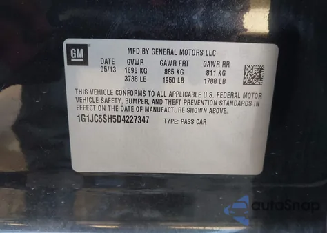 2013 Chevrolet Sonic Lt Auto from USA, damaged, VIN 1G1JC5SH5D4227347